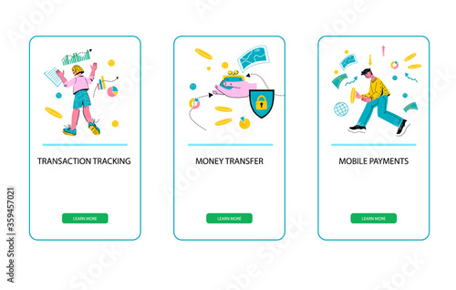 Secure payment and safety money transfer mobile onboarding page set. Online payments, transaction tracking and insurance. Flat cartoon vector illustration isolated.