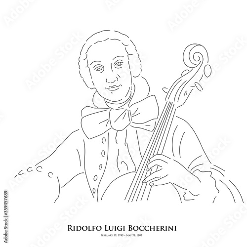 Ridolfo Luigi Boccherini (February 19, 1743 – May 28, 1805) A master of historical music. Line drawing portrait illustration.