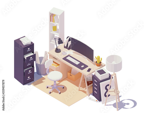 Vector isometric office workplace. Office table and chair, modern wide screen computer monitor, cabinets with drawers, documents and paper, printer, desk lamp