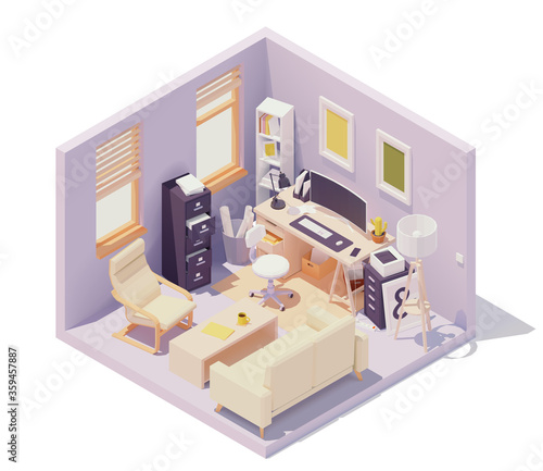 Vector isometric office workplace in home room. Office table and chair, modern wide screen computer monitor, cabinets with drawers, documents and paper, printer, desk lamp, sofa and coffee table