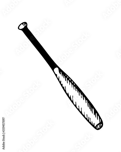Baseball bat drawn in the style of doodles. Sports accessory. Vector illustration isolated on a white background.