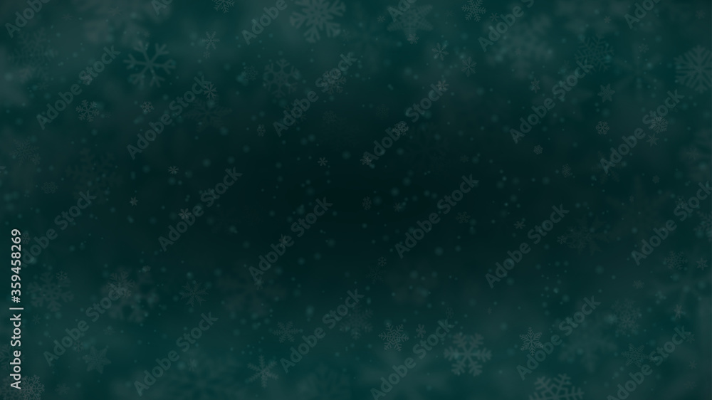 Christmas background of snowflakes of different shapes, sizes, blur and transparency in dark turquoise colors