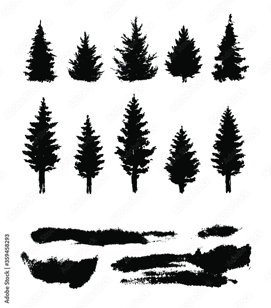 Naklejka Vector silhouette of the forest. Template elements for creating a landscape. Black and white isolated elements.