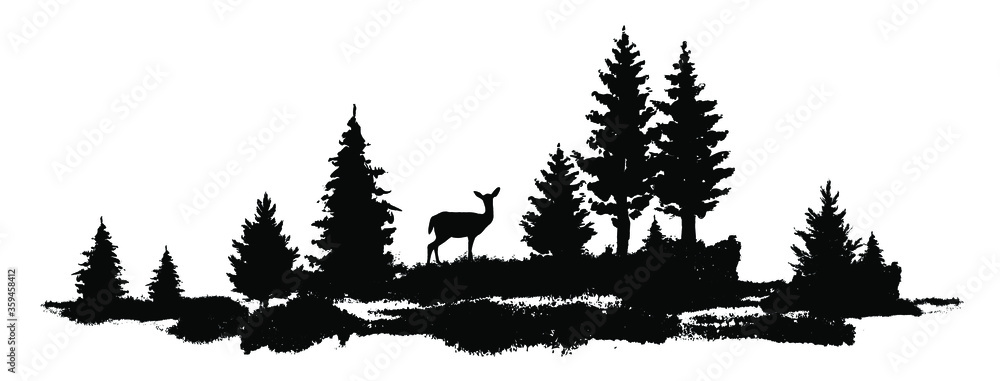 Vector composition Forest silhouette landscape. Black and white ...