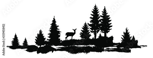 Vector composition Forest silhouette landscape. Black and white isolated elements Element for design. Young deer at the edge
