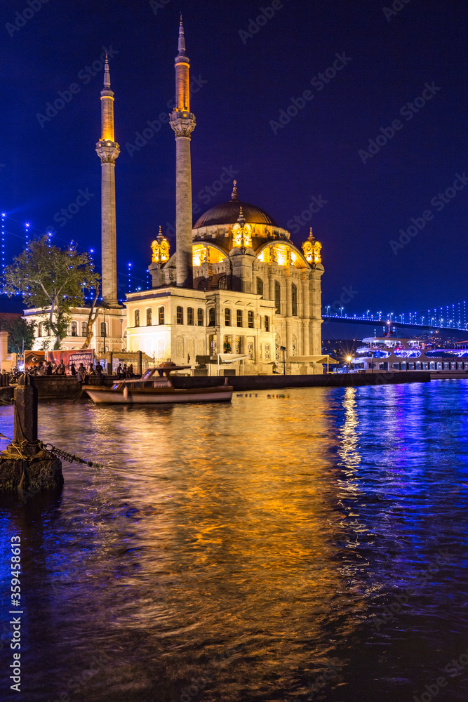 Landscape of Ortakoy Mosque located just before the Bosphorus Bridge, the Ortakoy Mosque, Turkey has to have one of the most picturesque settings of all of the Istanbul mosques.