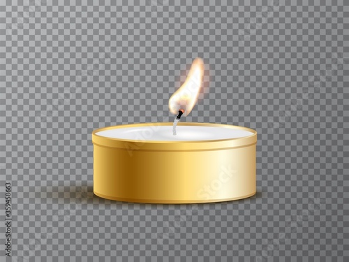 Realistic isolated golden tea candle with burning flame on transparent background. Vector design element.