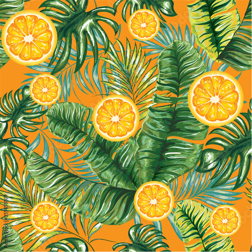 Palm leaves with citrus oranges on a tropical background. Tropical seamless background pattern. Graphic design with amazing palm trees. Realistic palm leaves.
