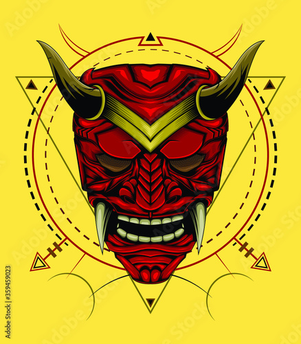 kabuki illustration. red devil face illustration. head of red demon. japanese samurai mask