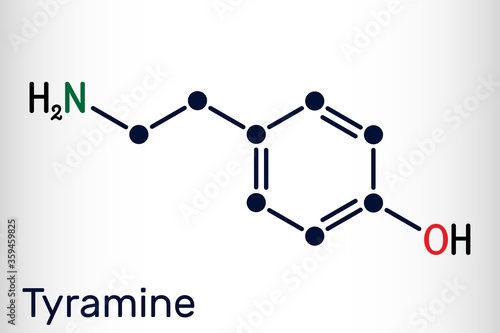 Tyramine, tyramin molecule. It is monoamine compound derived from tyrosine. Skeletal chemical formula. Vector illustration