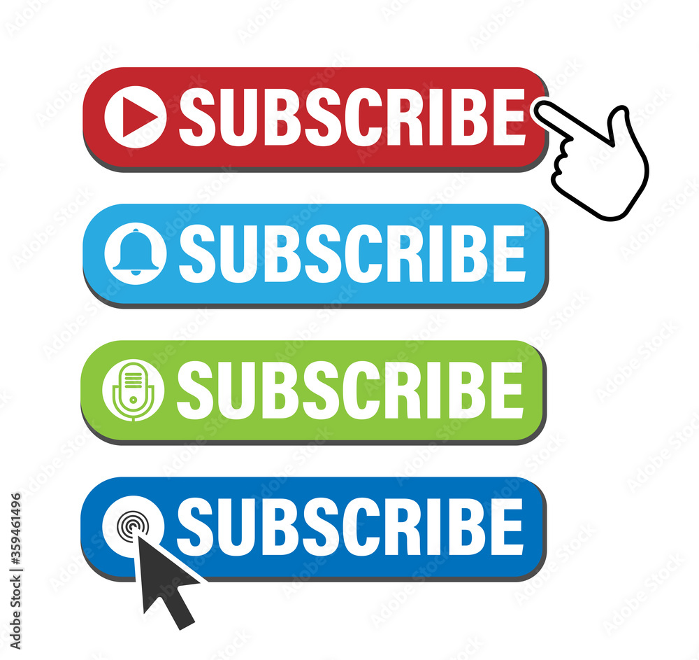 subscribe button icon set for social media, podcast, video channel, blog, newsletter with mouse pointer and hand icon vector illustration subscribe button icon set for social media, podcast, video channel, blog, newsletter with mouse pointer and hand icon vector illustration