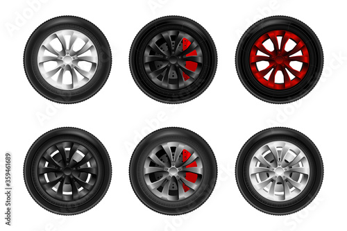Car wheels set. Tire shop, tyres change auto service. Isolated. White background.