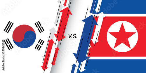 Conflict and tension between South Korea and North Korea on the border. North and South Korean flags versus with movement arrows - fight and competition between two countries concept. Vector