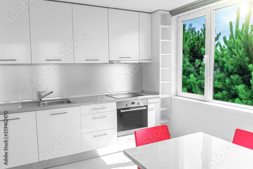 White kitchen interior with panoramic window and mountain landscape.