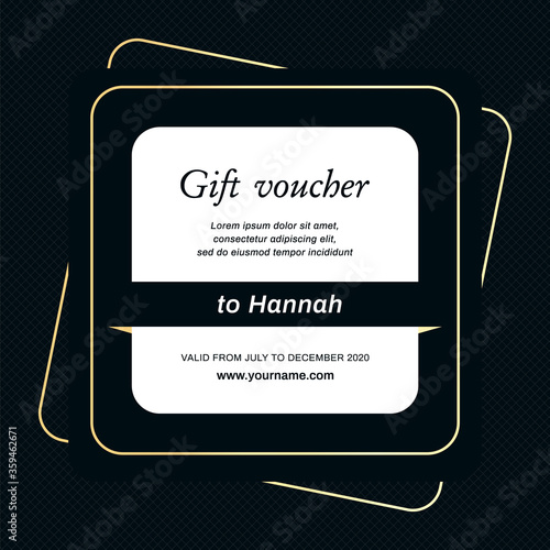 A gift voucher with the name, website address and golden outlines on a black cross background. Design layout of luxury style for card, invitation, coupon, certificate, flyer, banner.