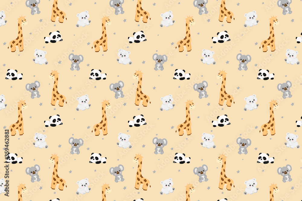 design for baby blanket, stars and cute little animals, baby animals, koala, giraffe, bear, panda