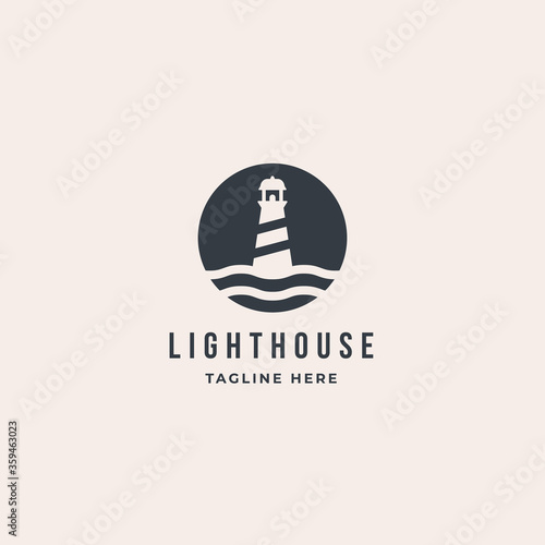 Lighthouse Tower Island logo with wave. premium vector design inspiration