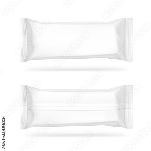 Hight realistic flow packaging mockup. Vector illustration isolated on white background. Can be use for your design, promo, adv and etc. Possibility for food, pharmaceutical, cosmetic. EPS10.