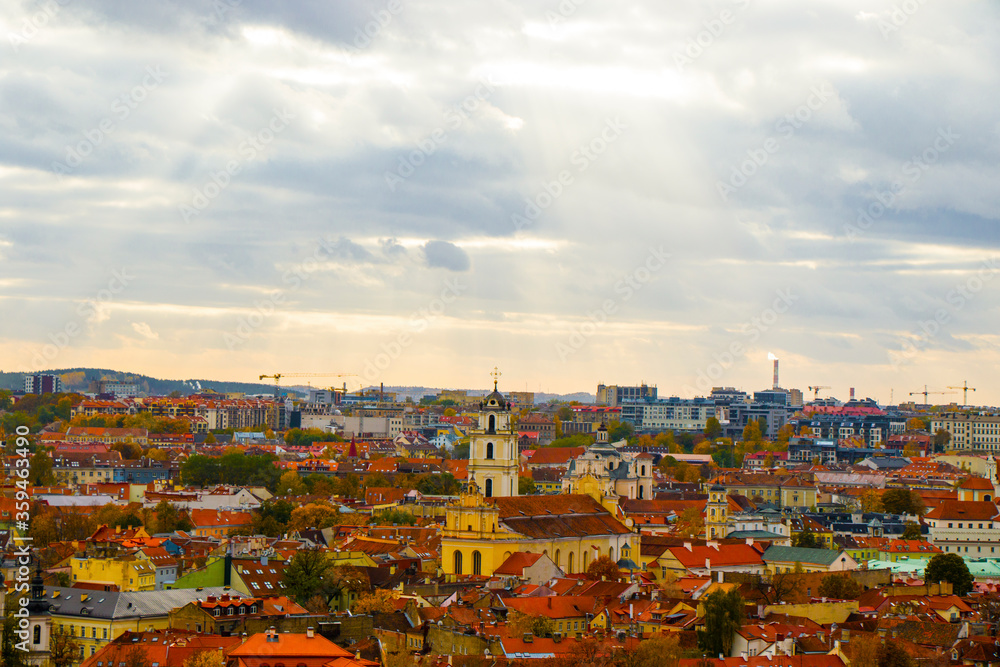 Vilnius city view, Lithuania. Old town and city center. Urban scene. Old famous buildings, architecture, house and church view.