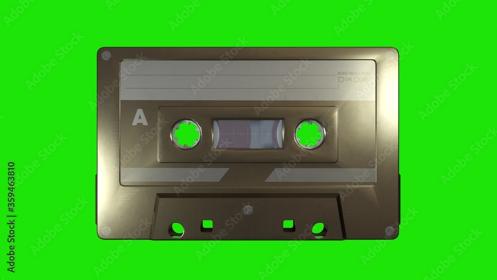 A golden music cassette on a green screen background. 3d rendering A golden music cassette on a green screen background. 3d rendering