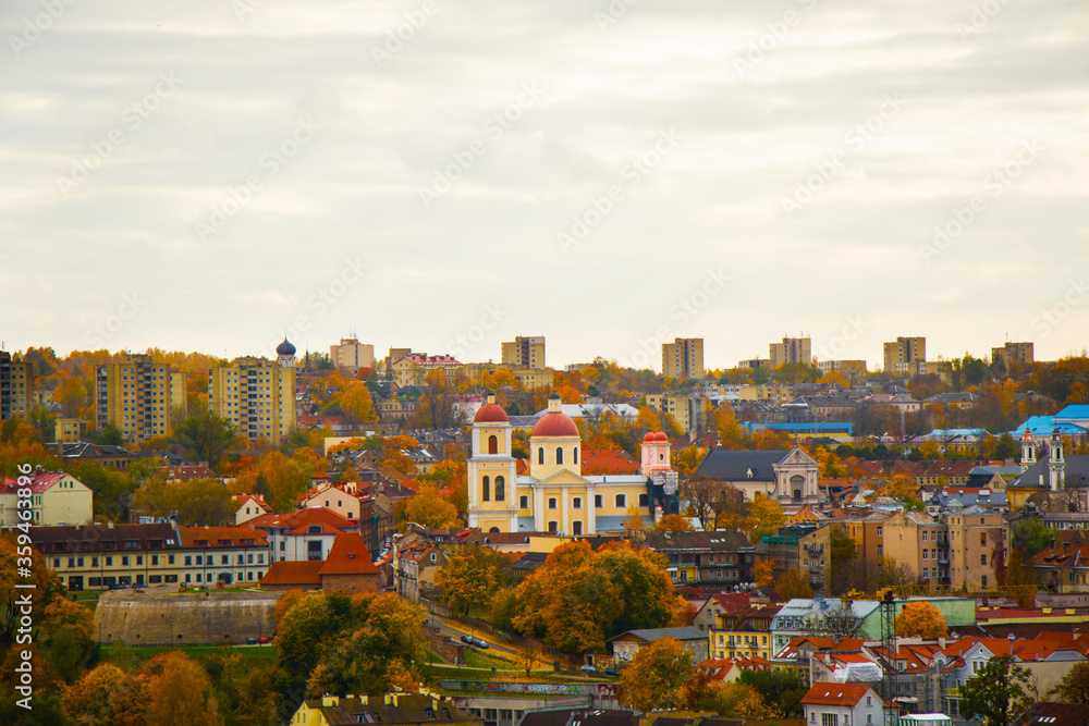 Naklejka premium Vilnius city view, Lithuania. Old town and city center. Urban scene. Old famous buildings, architecture, house and church view.