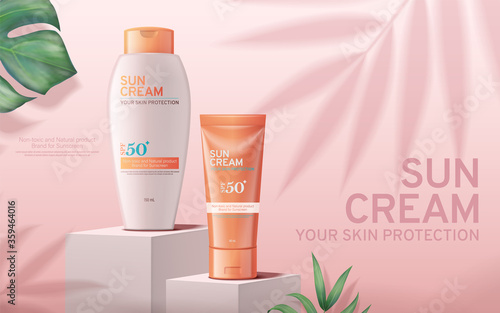 Sunscreen cream ads on square stage with tropical plants