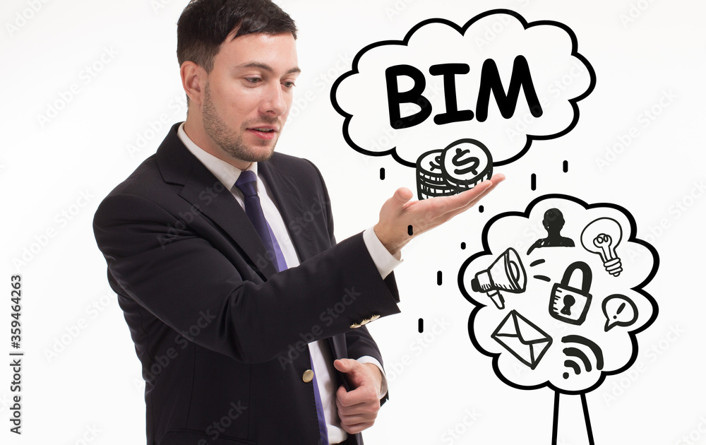 Business, technology, internet and network concept. Young businessman thinks over the steps for successful growth: BIM Business, technology, internet and network concept. Young businessman thinks over the steps for successful growth: BIM