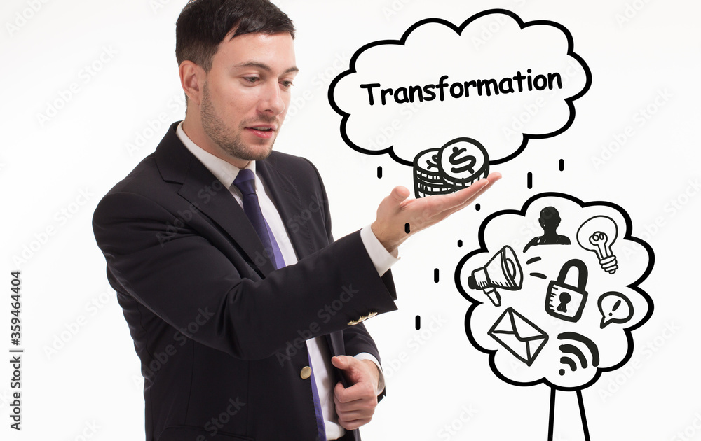 Business, technology, internet and network concept. Young businessman thinks over the steps for successful growth: Transformation Business, technology, internet and network concept. Young businessman thinks over the steps for successful growth: Transformation