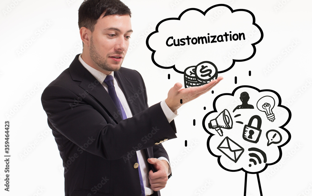 Business, technology, internet and network concept. Young businessman thinks over the steps for successful growth: Customization Business, technology, internet and network concept. Young businessman thinks over the steps for successful growth: Customization