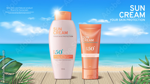 Summer sunscreen cream ads on beautiful beach scene