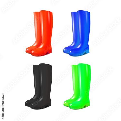 Realistic 3d Detailed Color Rubber Boots Set. Vector
