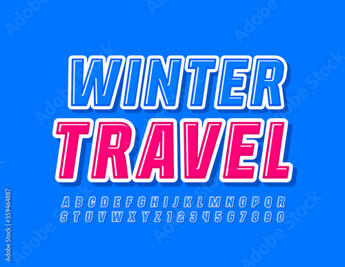 Vector holiday poster Winter Travel with Blue modern Font. Glossy Alphabet Letters and Numbers