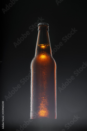 Beer bottle on dark background, copy space