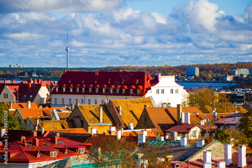 City view of Tallinn. Buildings and architecture exterior view in old town of Tallinn.