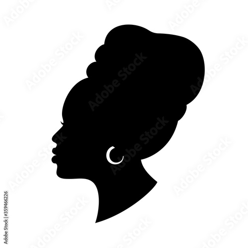 Silhoette of african american woman in a head wrap and with an earring. Beautiful black girl profile. Vector fashion design isolated on white.
