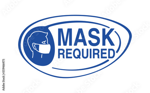 Mask required warning prevention sign - human profile silhouette with face mask in creative rounded frame - isolated vector information picture