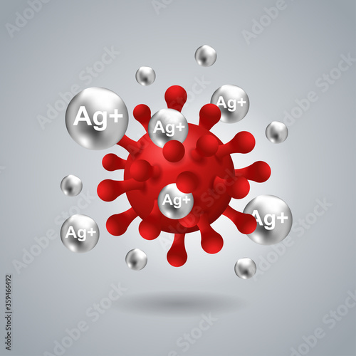 Silver ions Ag action 3D picture - antibacterial effect of ion solution - science, chemistry and technology illustration