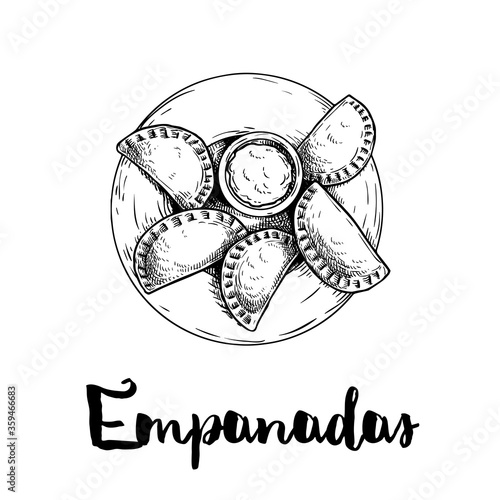 Hand drawn sketch style empanadas. Top view on plate with sauce. Typical Latino America and spanish fast food. Vector illustration isolated on white background. Best for menu designs, packages.