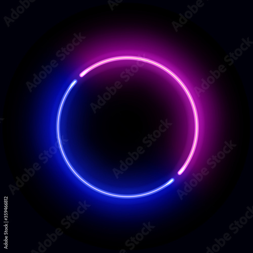 Realistic gradient neon circle frame. Pink and blue colored blank template isolated on black background. Geometric glow outline shape or laser glowing lines. Vector shining object.