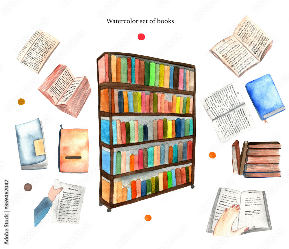 Obraz premium Library, set of bookshelf, a stack of books, open books in hands, open and closed book isolated on white background.