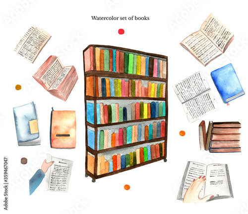 Library, set of bookshelf, a stack of books, open books in hands, open and closed book isolated on white background.