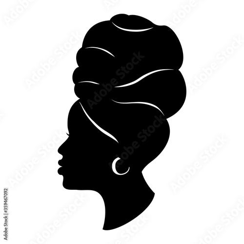 Silhoette of african american woman in a head wrap and with an earring. Beautiful black girl profile. Vector fashion design isolated on white.