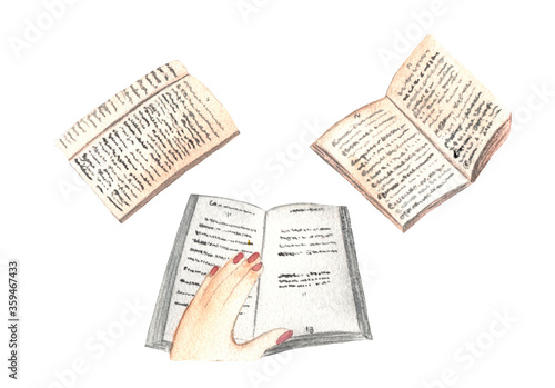 Watercolor hand drawn book in open form,in beige and brown in the hand to hold the book isolated on white background.