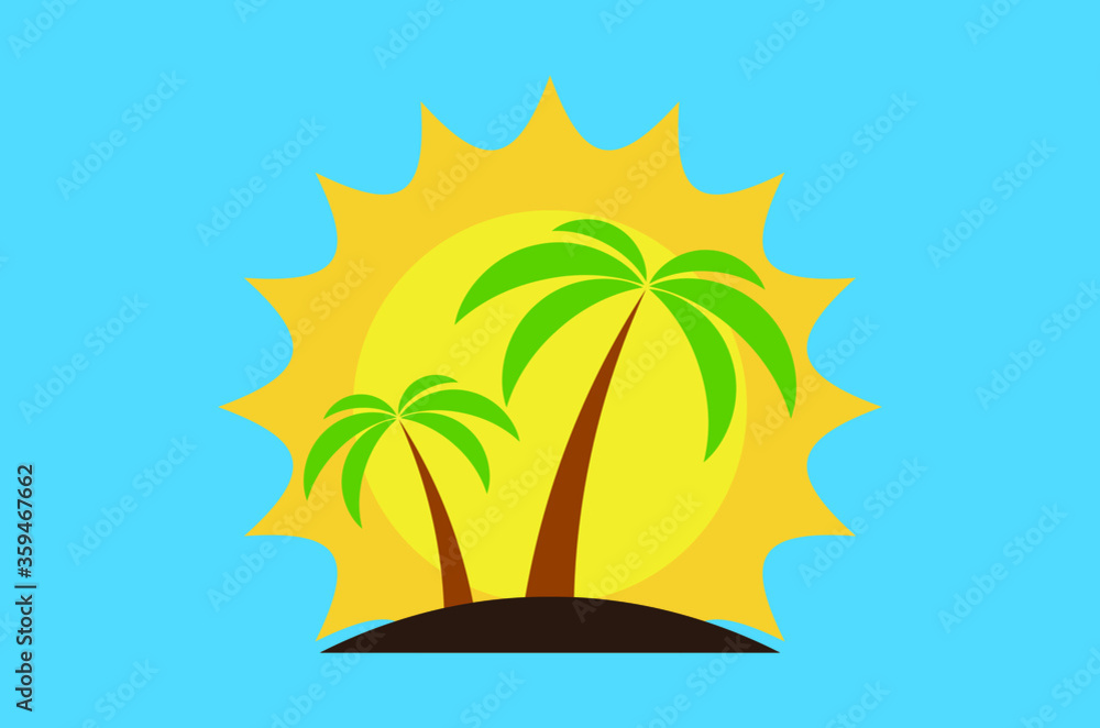 Two palm trees on an island in the background of the sun illustration

