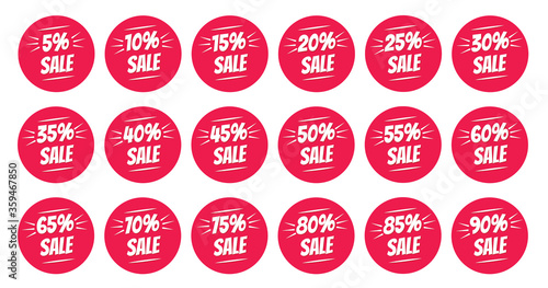 Sale sticker, label set offer badges. Sale offer red brush circles stamp price signs. Percent reduction symbols set. Discount sale price tag. Vector illustration. Offer sale red labels, price tags set