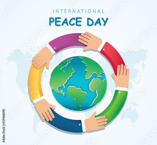 Many hands of different races together in a circle around the earth. Stop racism. Vector Illustration 