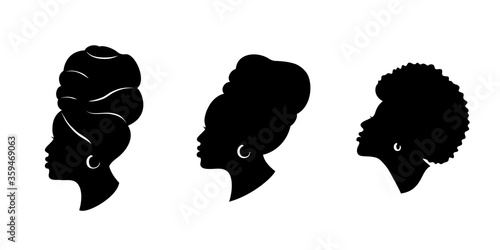 Silhoettes of african american women in a head wrap and with an earring. Beautiful black girls profile. Vector fashion illustration isolated photo