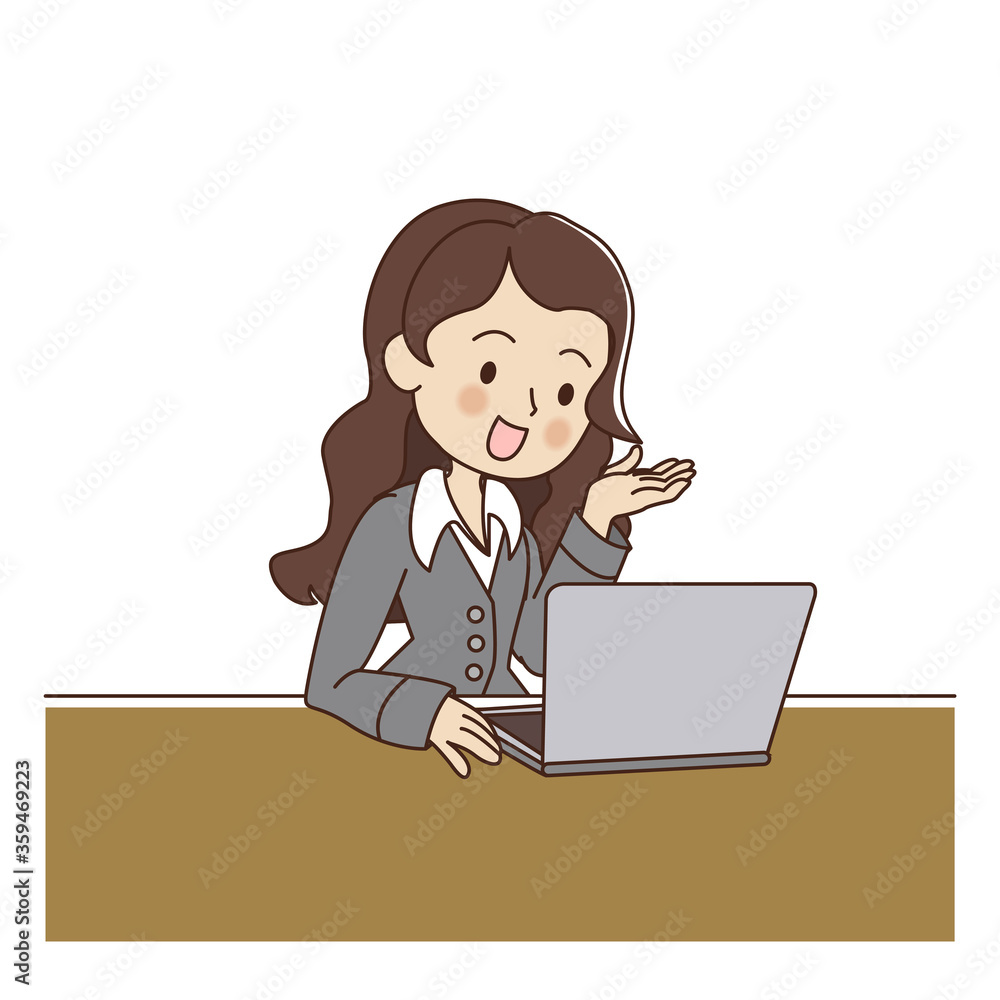 Nice smiling Business woman is talking/ answer / suggesting with someone on her laptop. Nice smiling Business woman is talking/ answer / suggesting with someone on her laptop.