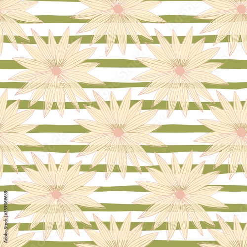 Beautiful line art bud daisy seamless pattern on stripe background. Modern floral wallpaper.