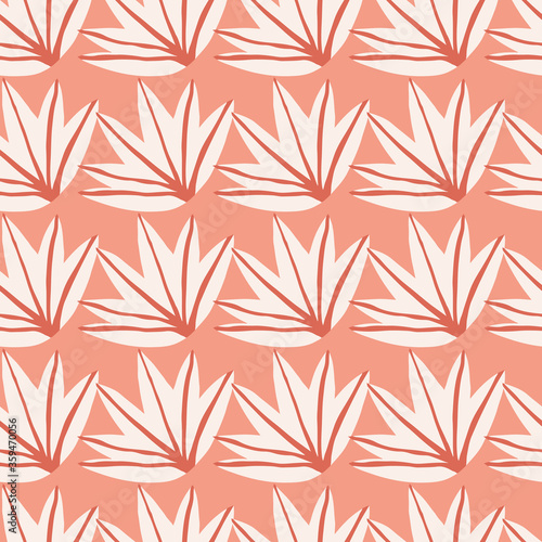 Tropical leaves seamless pattern on blue background. Contemporary tropic palm leaf doodle vector illustration.